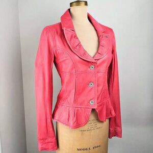Miss Sixty Coral Leather Jacket – Ruffle Lapel Peplum Moto Jacket – Y2K